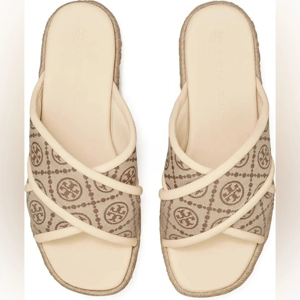 NWOT TORY BURCH T MONOGRAM CRISSCROSS ESPADRILLE SLIDES SIZE 8.5 - Picture 2 of 16